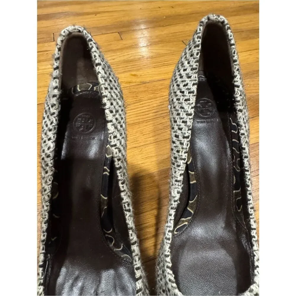 Tory Burch Cleo Tweed and Silk Patterned Bow Woven Pointed-Toe High Heels